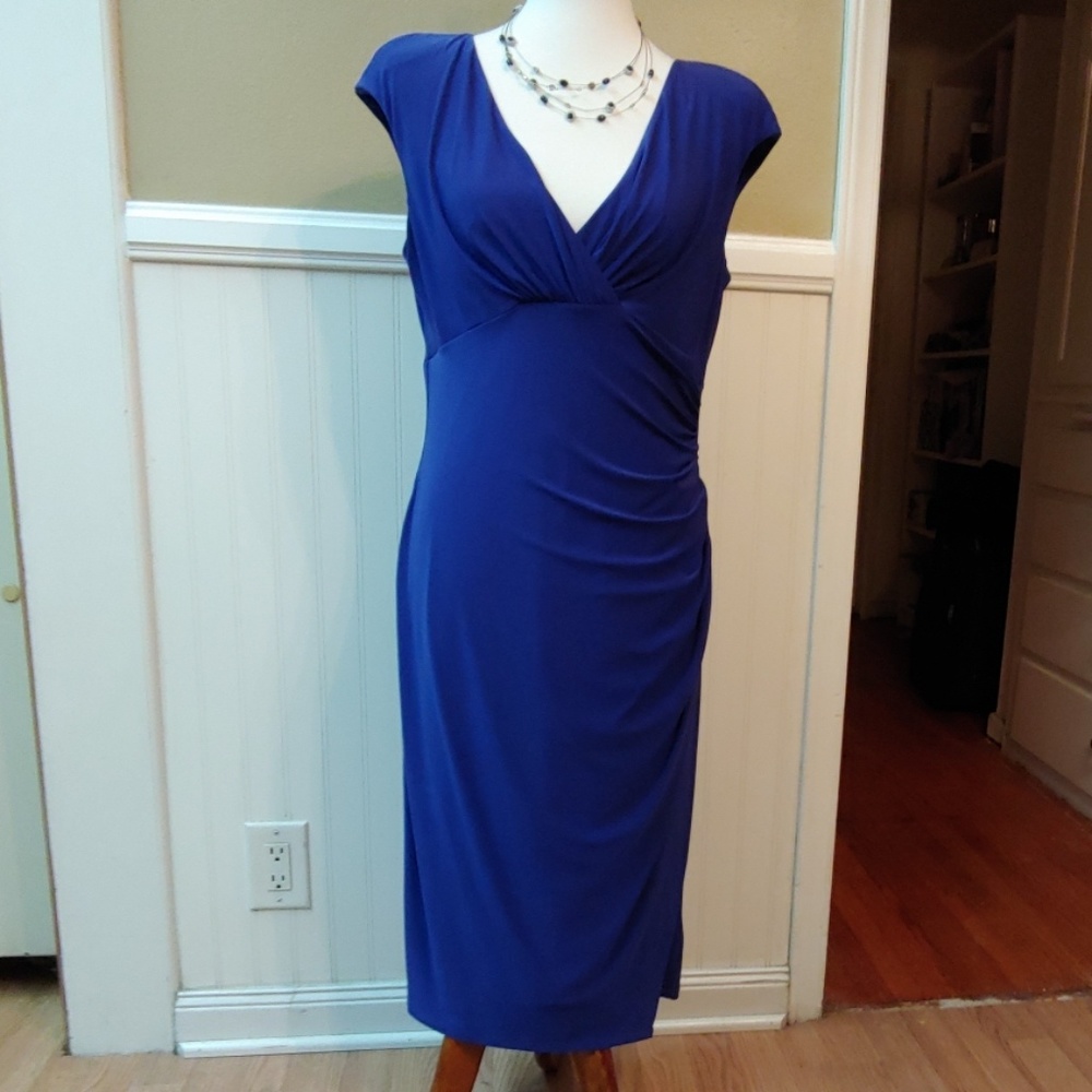 V NECK SHEATH CAP SLEEVE DRESS - BLUE